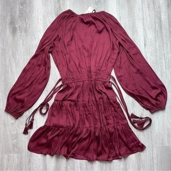 Women's MINKPINK Dark Red Satin Long Sleeve Ruffle Tiered Boho Peasant Dress M - Picture 6 of 7